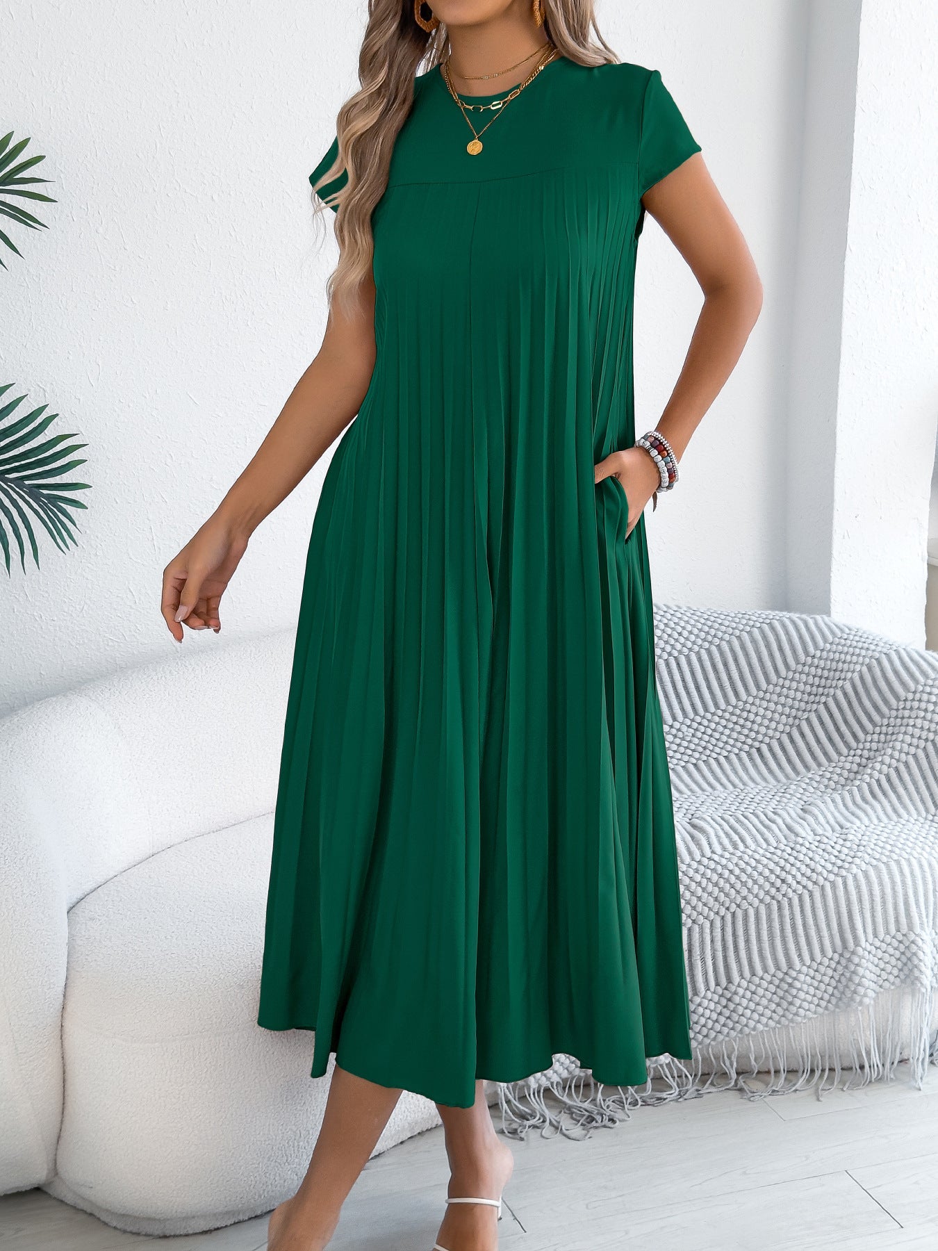 Women Clothing Spring Summer Casual Loose Short Sleeves Pocket Pleated Dress（No Belt）