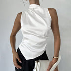 Summer Women Clothing Summer Satin Shirt Women Simple Sleeveless Satin Artificial Silk Shirt Top Bella Mia