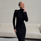 Spring Elegant Black Sexy Backless Knitted Slim Fit Long Sleeved Turtleneck Dress for Women Bella Mia