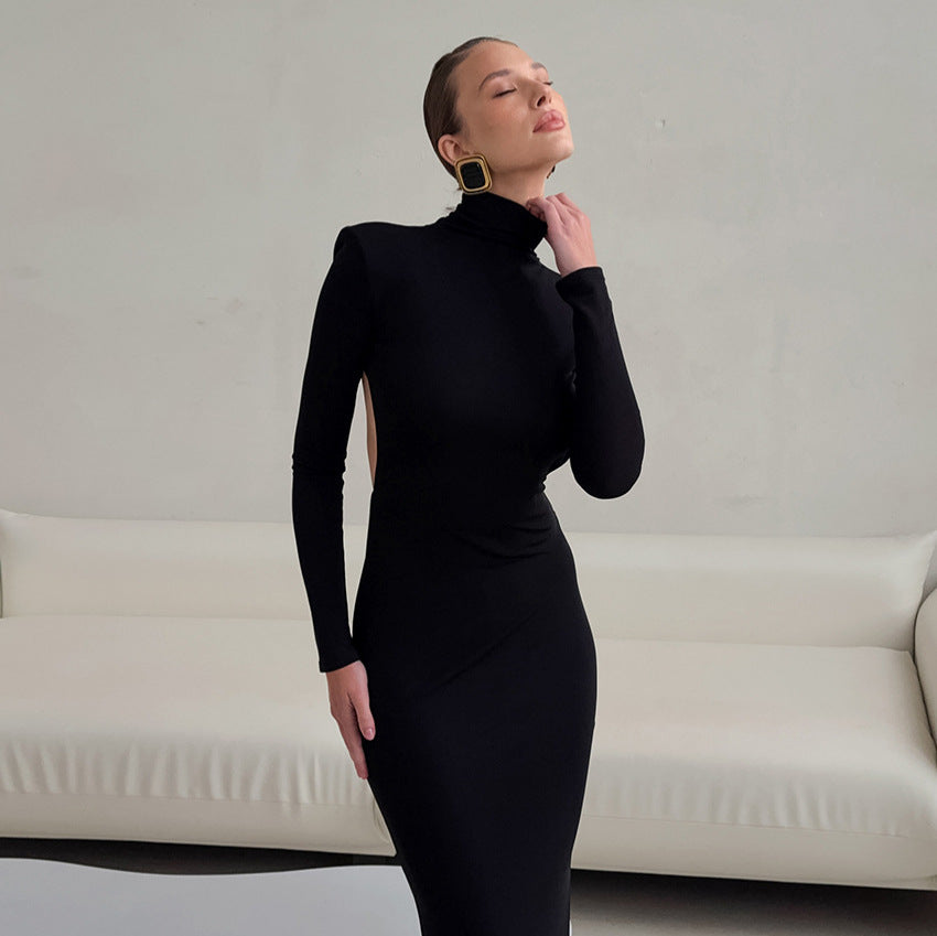 Spring Elegant Black Sexy Backless Knitted Slim Fit Long Sleeved Turtleneck Dress for Women Bella Mia