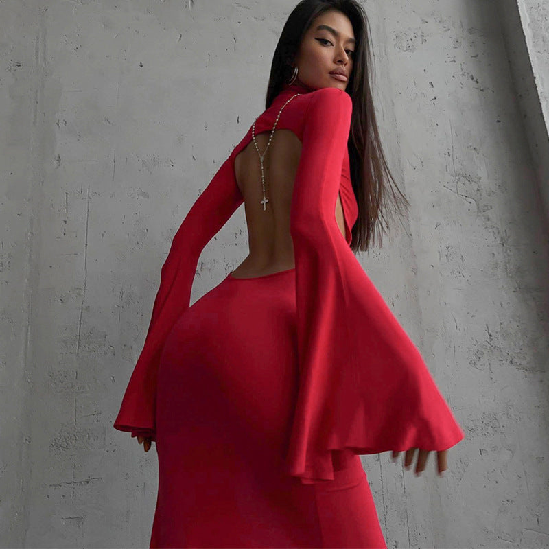 Spring Women Bell Sleeve Sexy Backless Slit Maxi Dress Slim Fit Dress Bella Mia