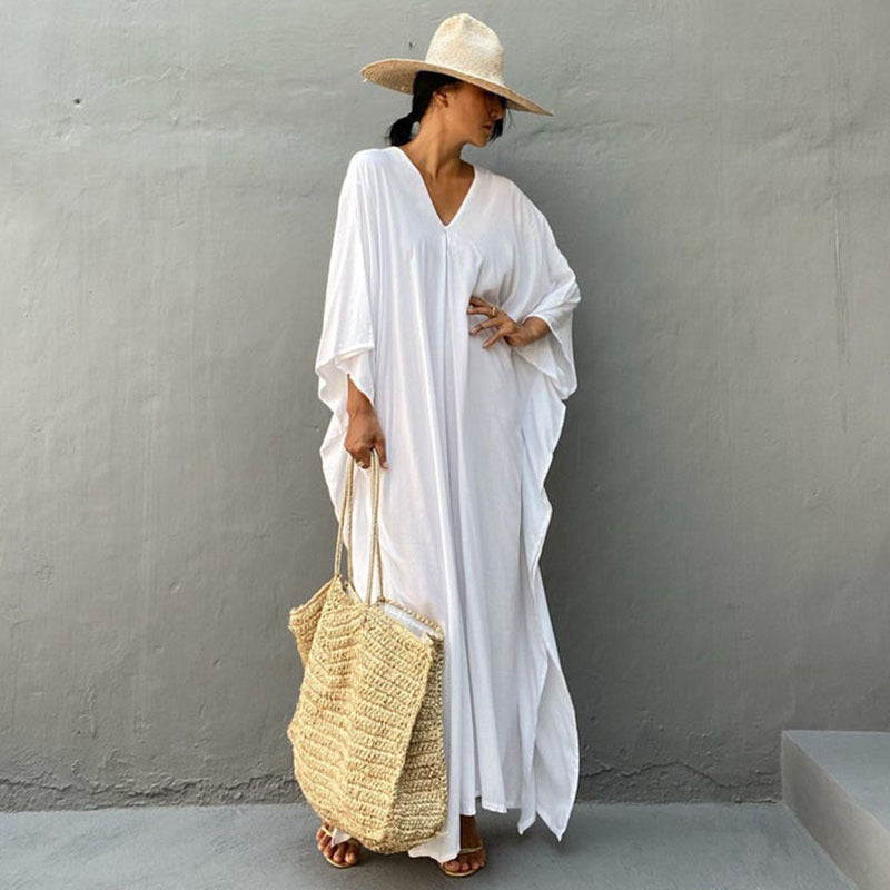 Rayon Solid Color Blouse Seaside Vacation Dress Loose Overclothes Bikini Swimsuit Robe Outer Wear Women Bella Mia