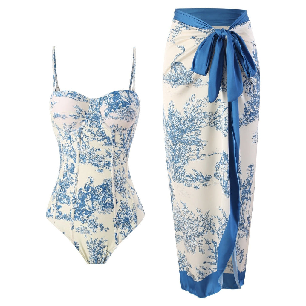 One Piece Swimsuit Women Skinny Slimming Retro Lace up Sun Protection Dress Two Piece Hard Bag Swimsuit Bella Mia