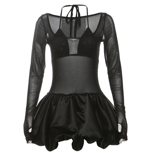 Autumn Winter Women Clothing Sexy Halter Sling Basic Mesh See through Sequ Dress Two Piece Sets Women Puffy dress Bella Mia