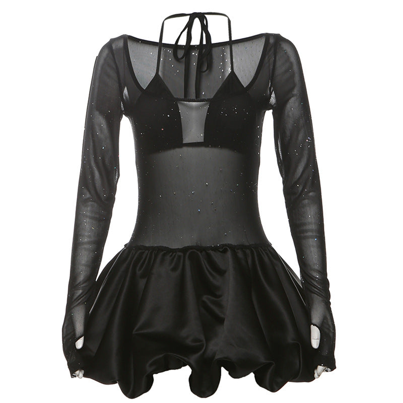 Autumn Winter Women Clothing Sexy Halter Sling Basic Mesh See through Sequ Dress Two Piece Sets Women Puffy dress Bella Mia