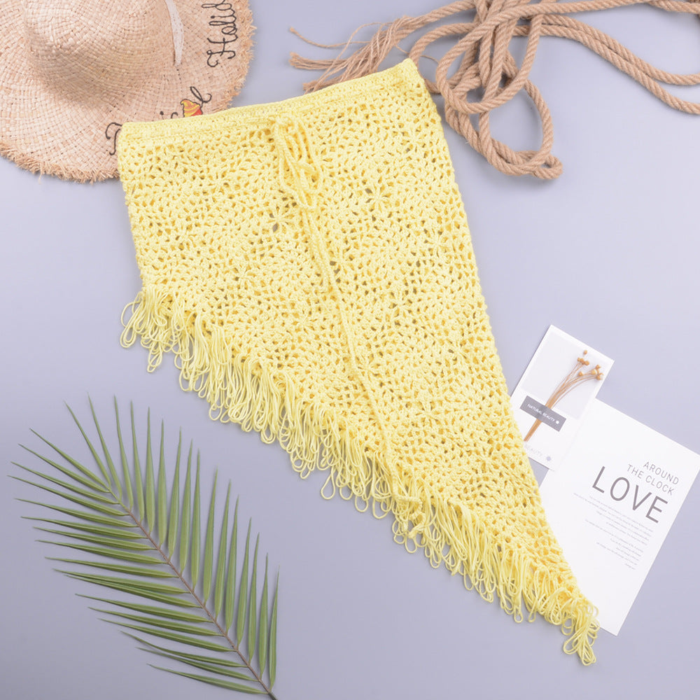 Spring Summer Women Clothing Sexy See-through Hollow Out Cutout Knitted Dress Open Oblique Tassel Beach Skirt Bella Mia