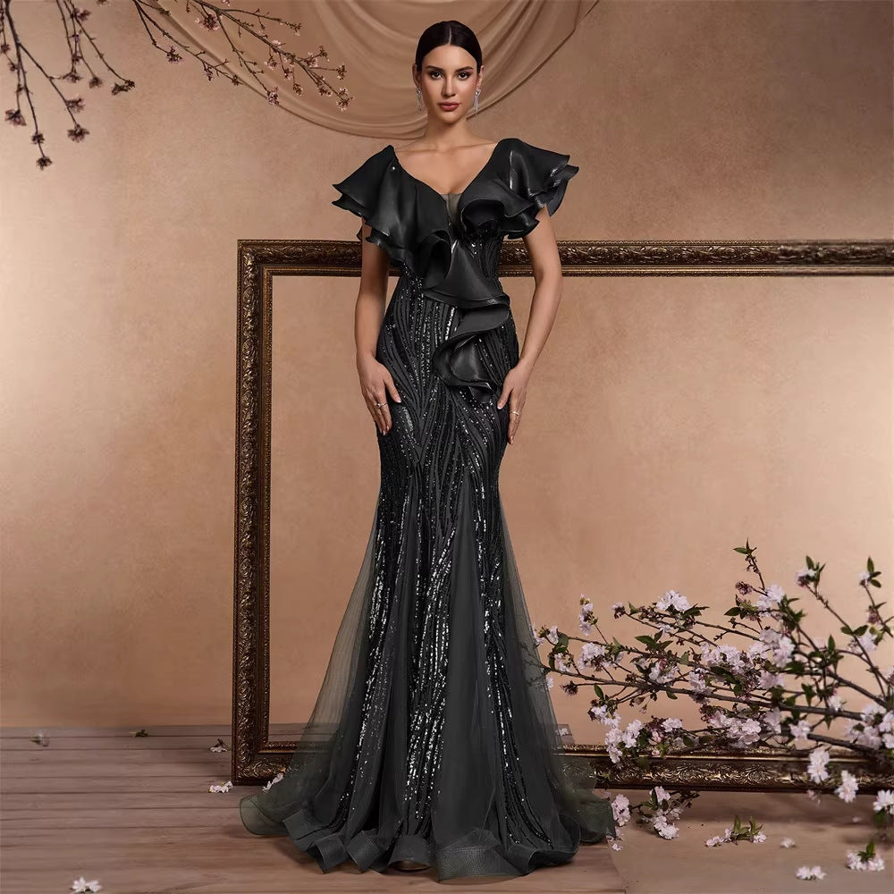 Elegant Ruffle Sleeve Sequin Elegant Cocktail Party Dinner Dress Backless Luxury Fishtail Graduation Evening Bella Mia