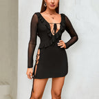 Arrival Mesh Split Stringy Selvedge Dress Sexy Backless Lace up Hip Bag Long Sleeve Bella Mia