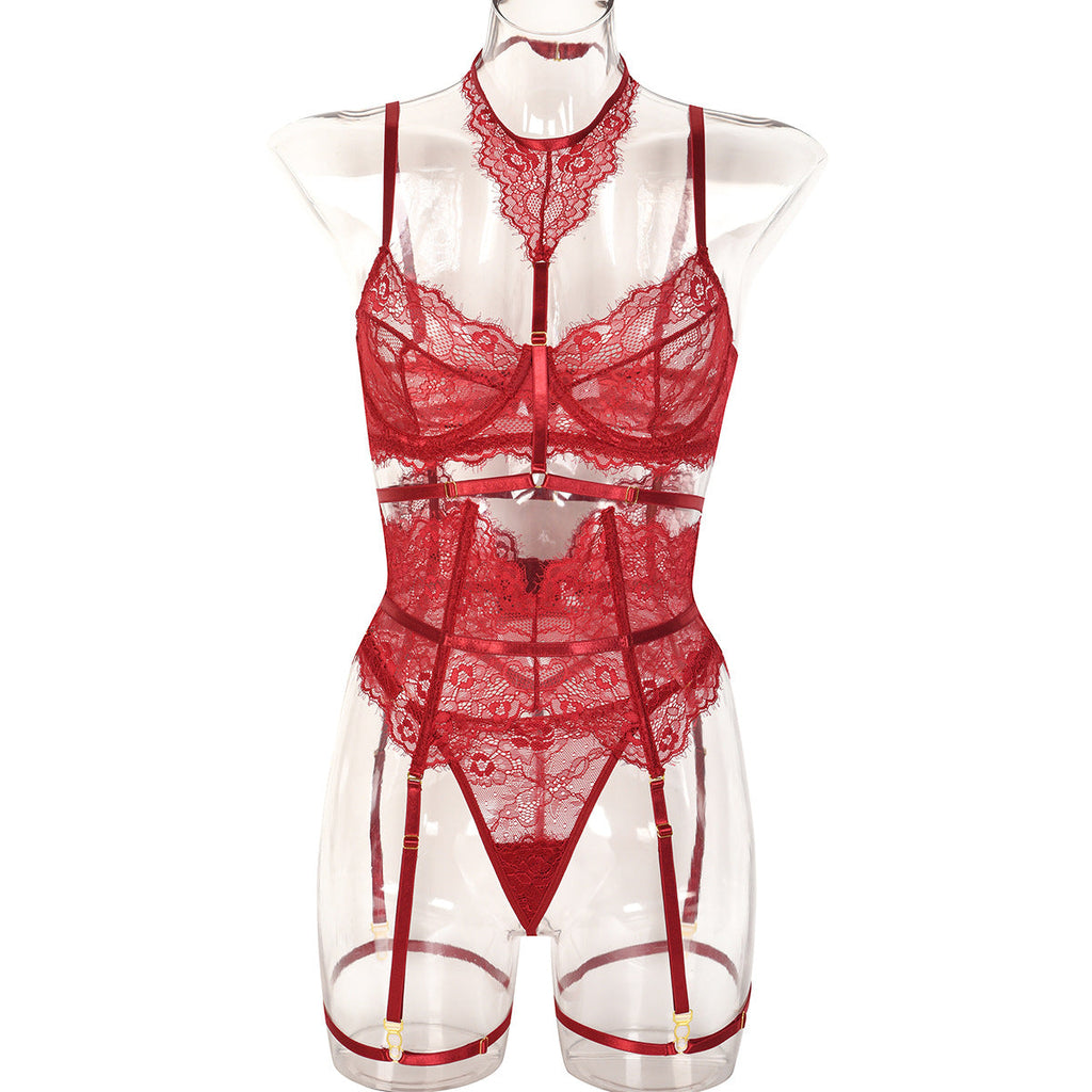 Sexy Three Piece Summer Lace Eyelash Lace Stitching with Halter Foot Ring Bella Mia
