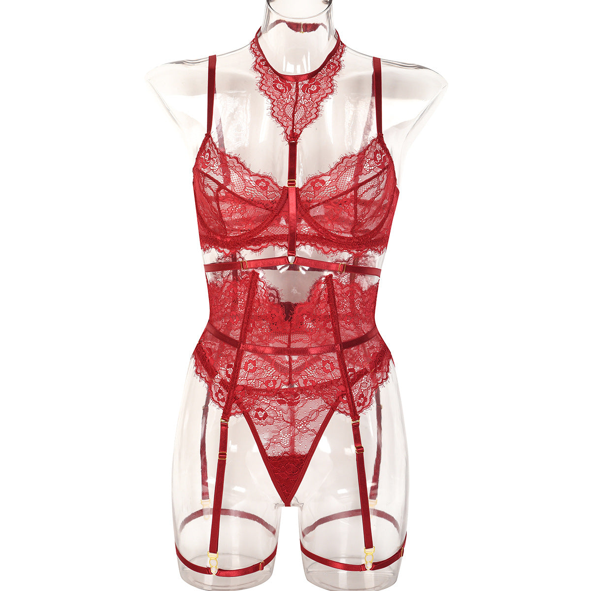 Sexy Three Piece Summer Lace Eyelash Lace Stitching with Halter Foot Ring Bella Mia