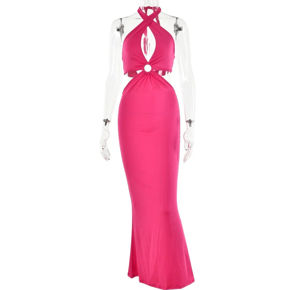 Splice Neck Strap Open Back Long Skirt Halter Strap Backless Dress Luxlife Brands