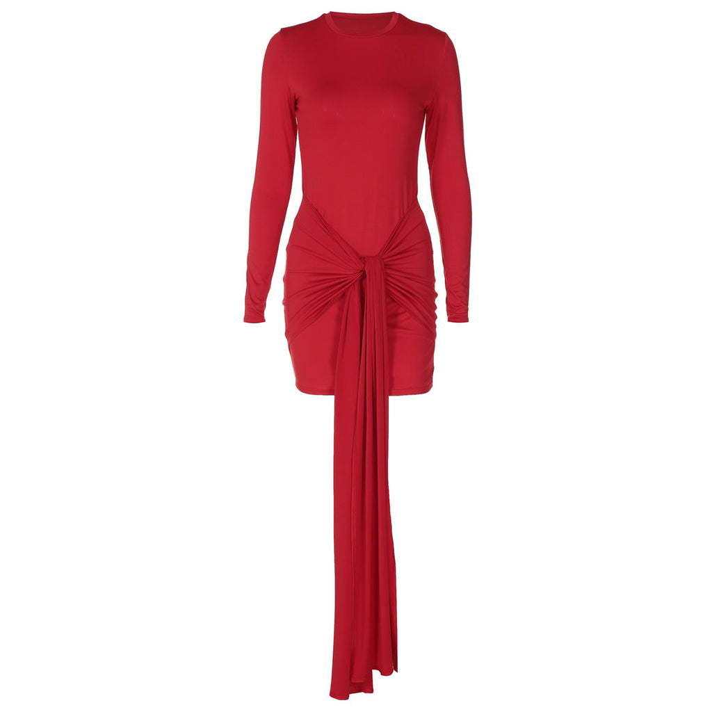 Women Clothing Autumn Long Sleeve round Neck Ribbon Slim Sheath Dress Bella Mia