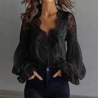 Women Lace Stitching Puff Sleeve Pleated Shirt Bella Mia