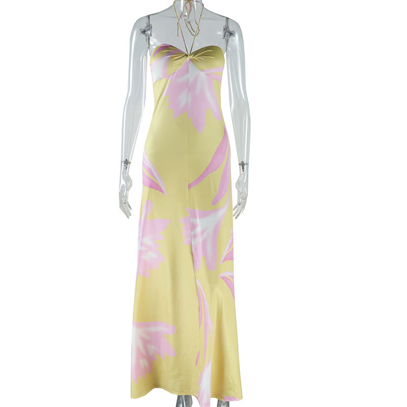 Halter Dress Digital Printing Wrapped Chest Sleeveless Pullover Backless Mid Waist Slim Fit A line Dress Bella Mia