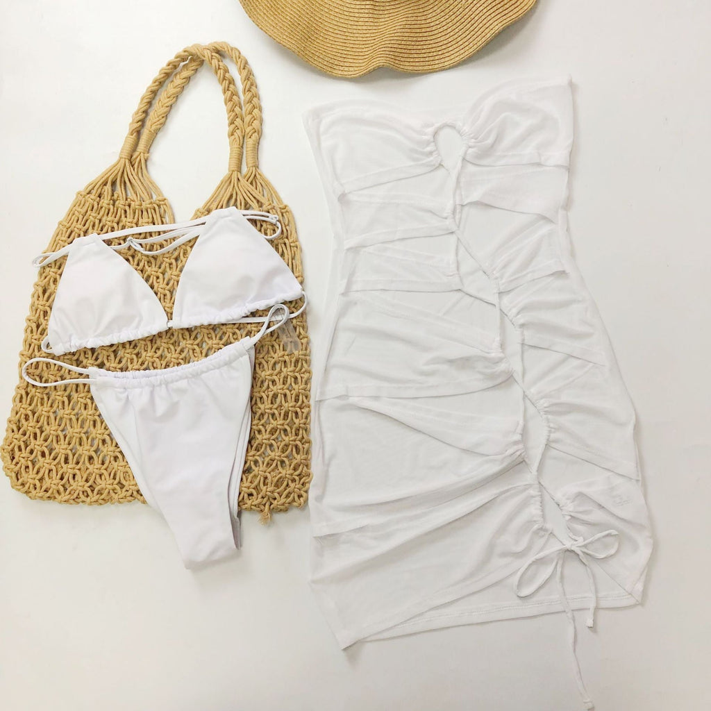 Swimwear Sexy Lacing Bandage Solid Color Ladies Three Piece Set Bikini Bella Mia