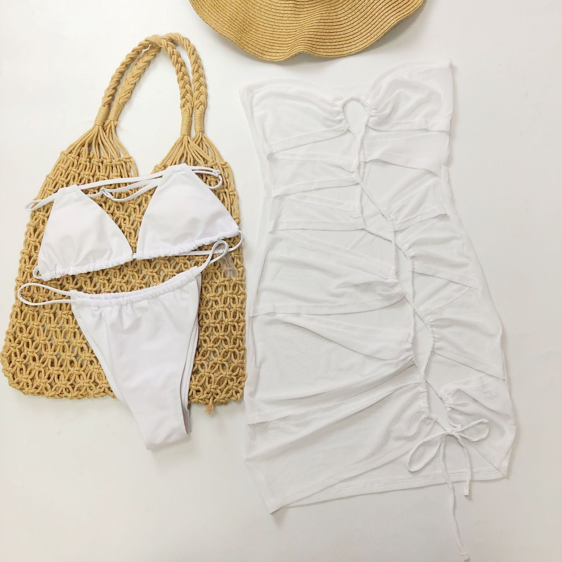 Swimwear Sexy Lacing Bandage Solid Color Ladies Three Piece Set Bikini Bella Mia