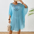 Slubbed Fabric Stitching Hand Crocheting Beach Cover-up Sexy Loose Vacation Sun Protection Shirt Beach Cover Up Bella Mia