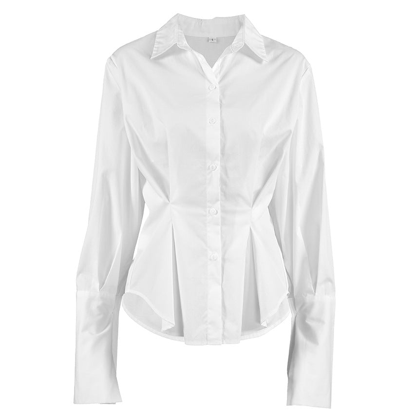 Court White Cotton Shirt Women Light Luxury Pleat Waisted Slim-Fit Long-Sleeved Collared Shirt Bella Mia