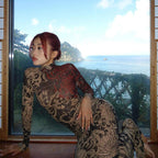 Women Clothing Spring Retro Mesh Personalized Printed Turtleneck Slim Slimming Dress for Women Bella Mia