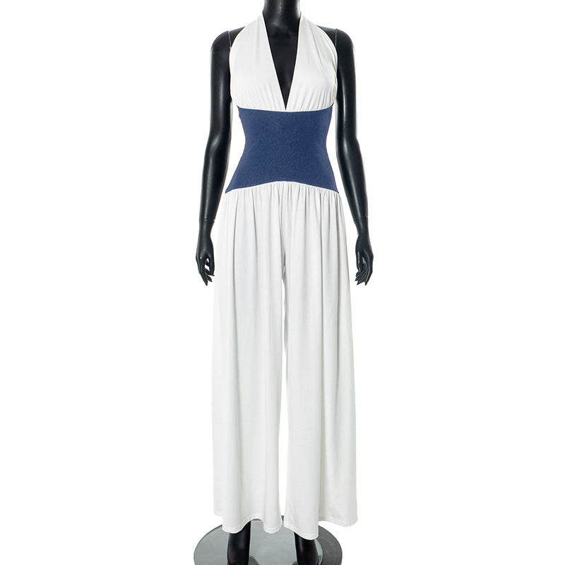 Women Clothing Spring Summer Halter Strap Contrast Color Zipper Tube Top Wide Leg Loose Jumpsuit Bella Mia
