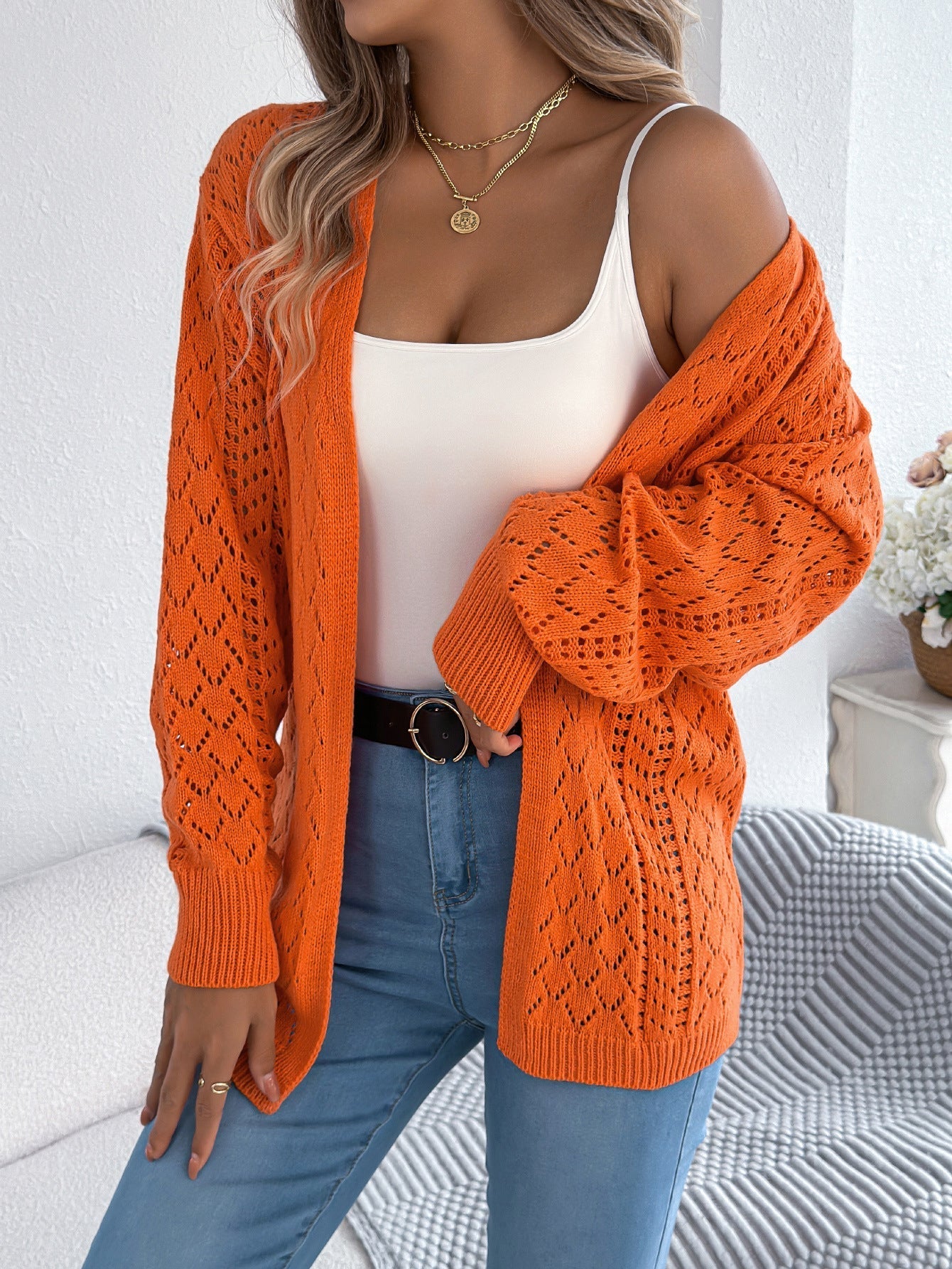 Autumn Winter Hollow Out Cutout out Lantern Long Sleeve Cardigan Sweater Mid Length Coat Women Clothing Bella Mia