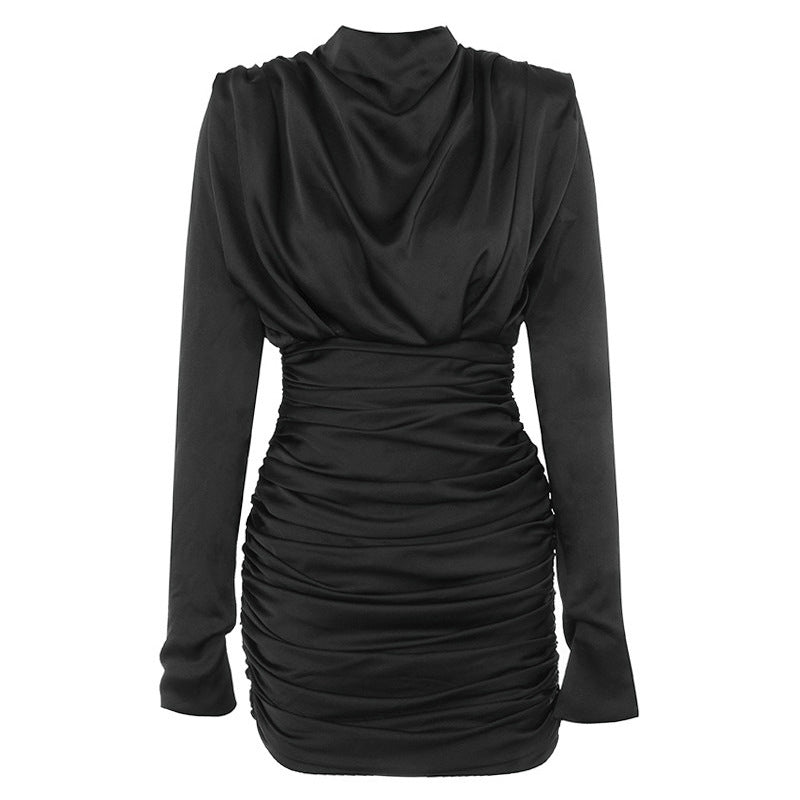 Elegant Women High Grade Black High Collar Sheath Slim Pleated Dress Women Bella Mia