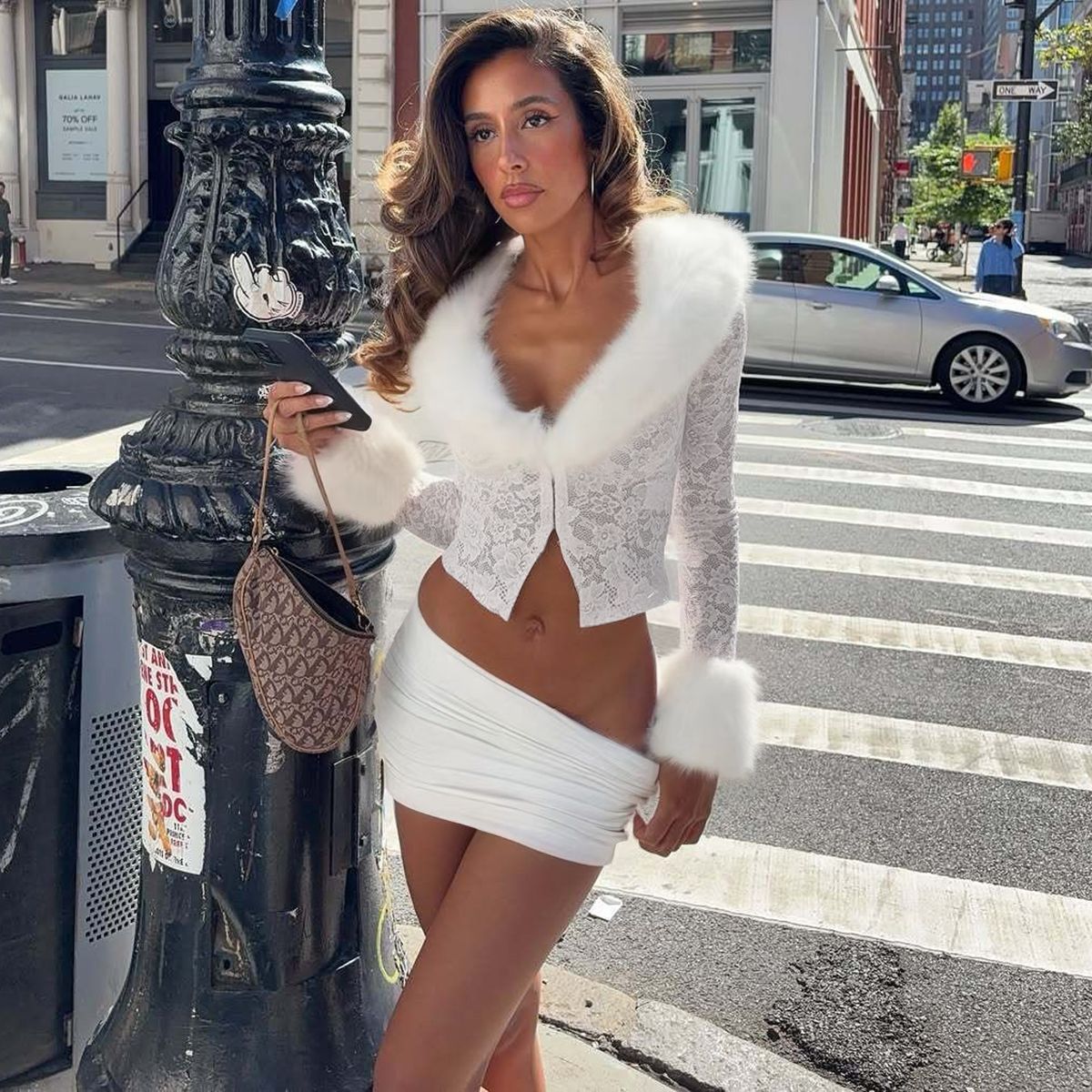 Women Clothing Autumn Winter Street Lace Plush Long Sleeved Top Sexy Skirt Set Bella Mia