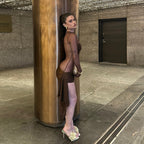 Arrival Autumn Winter Women Sexy Mesh Hollow Out Cutout Pleated round Neck Slim Fit Long Sleeved Dress Bella Mia