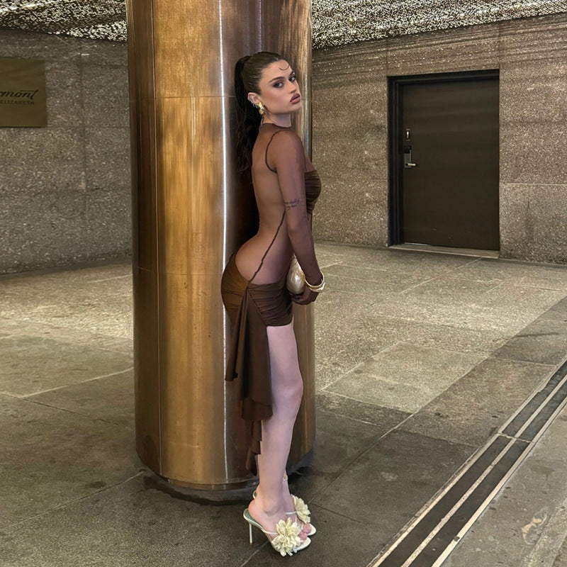 Arrival Autumn Winter Women Sexy Mesh Hollow Out Cutout Pleated round Neck Slim Fit Long Sleeved Dress Bella Mia