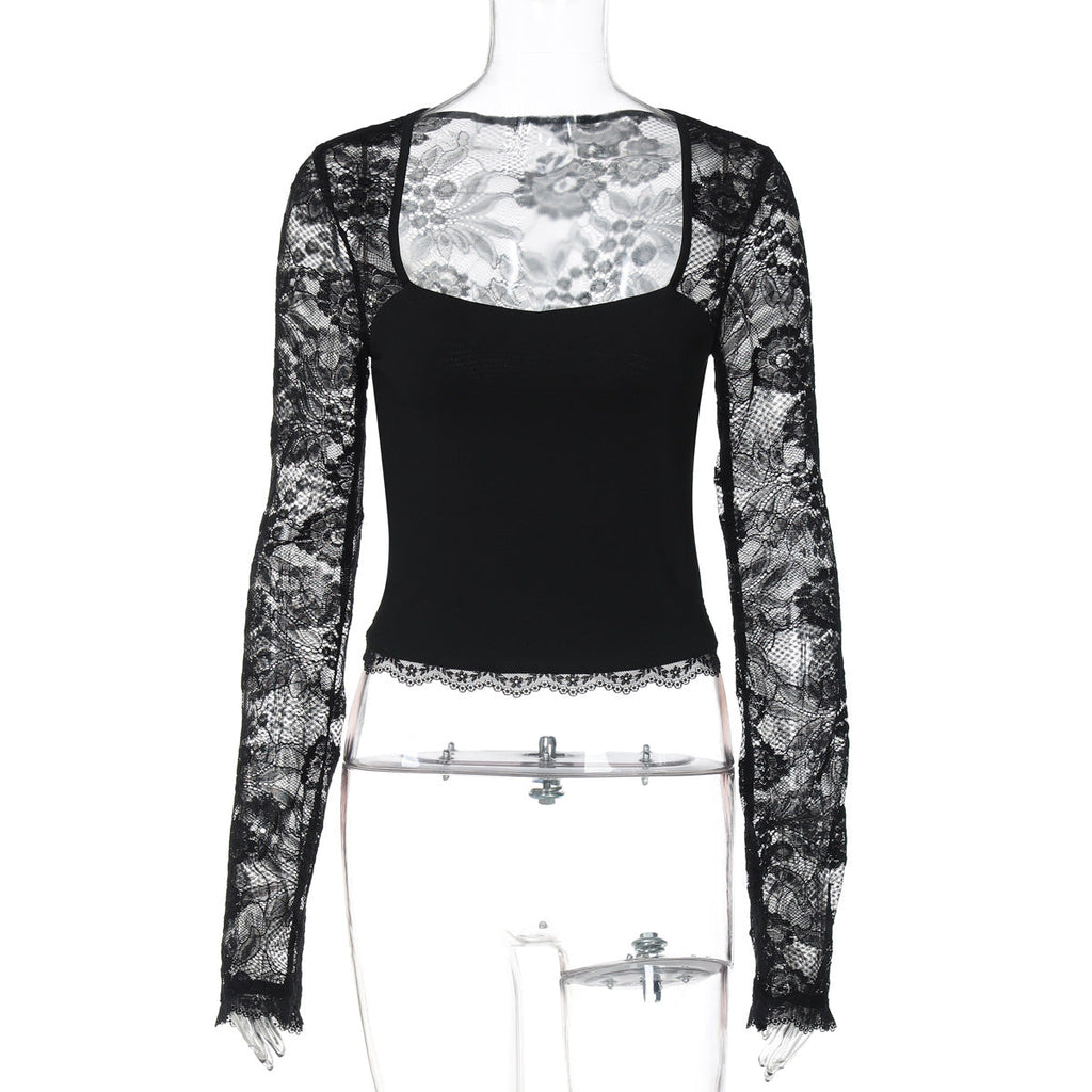 Women Clothing Summer Sexy Lace Cutout Stitching Long Sleeved Top Bella Mia