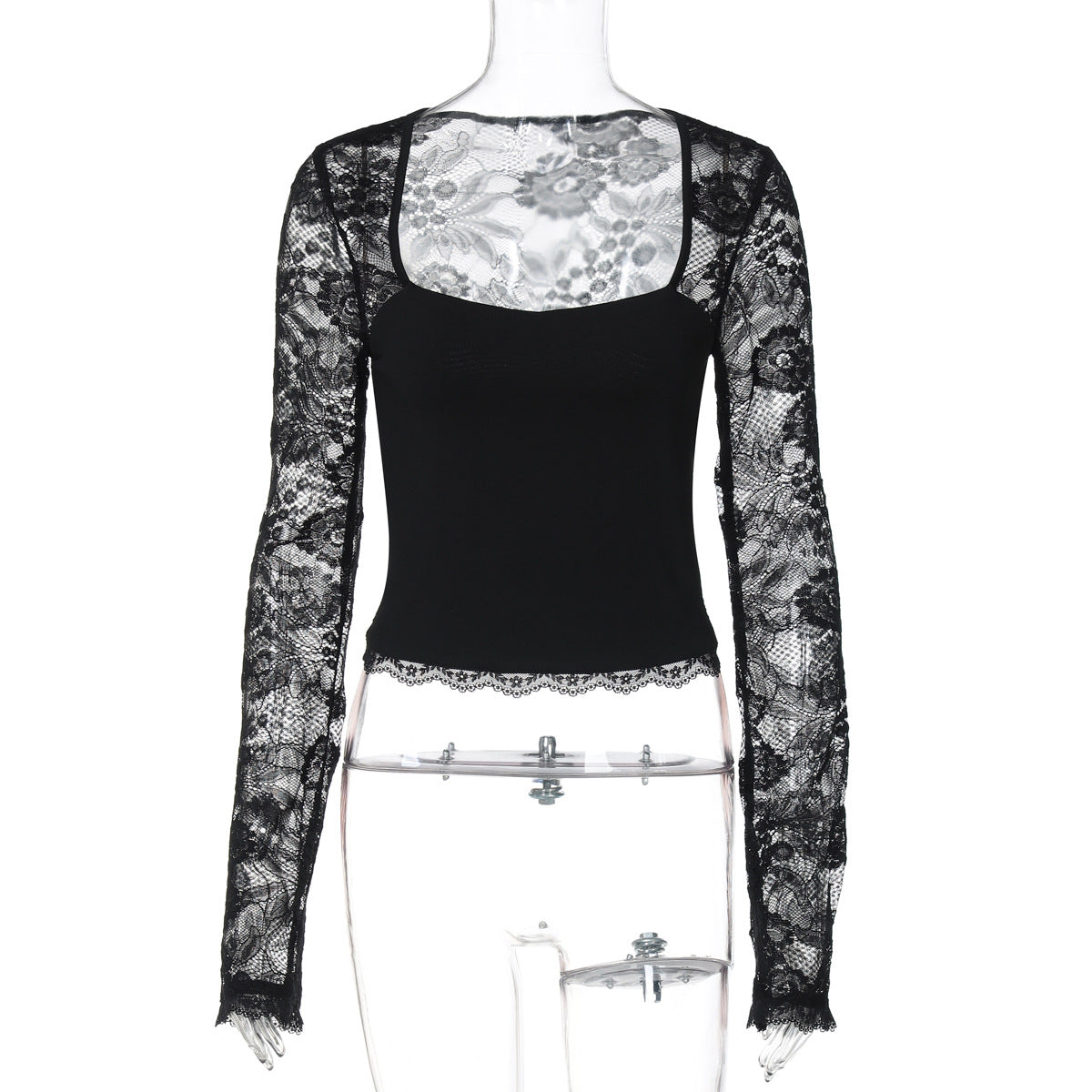 Women Clothing Summer Sexy Lace Cutout Stitching Long Sleeved Top Bella Mia