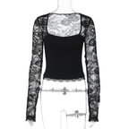Women Clothing Summer Sexy Lace Cutout Stitching Long Sleeved Top Bella Mia