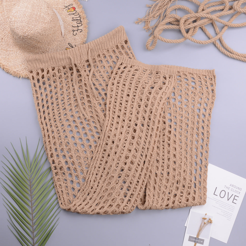 Women Solid Color Hand Crocheting Sexy Cutout Loose Wide Leg Pants Casual Women Woven Trousers Bella Mia