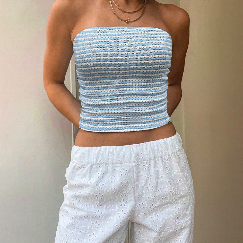 77Sexy Blue White Striped Tube Top Sleeveless Cold Shoulder Skinny Short Vacation Vest Top for Women Bella Mia
