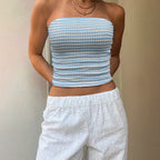 77Sexy Blue White Striped Tube Top Sleeveless Cold Shoulder Skinny Short Vacation Vest Top for Women Bella Mia