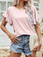 Summer Women Clothing Women Tops Hollow Out Cutout Out Round Neck Ruffle Sleeve Casual T Shirt Bella Mia