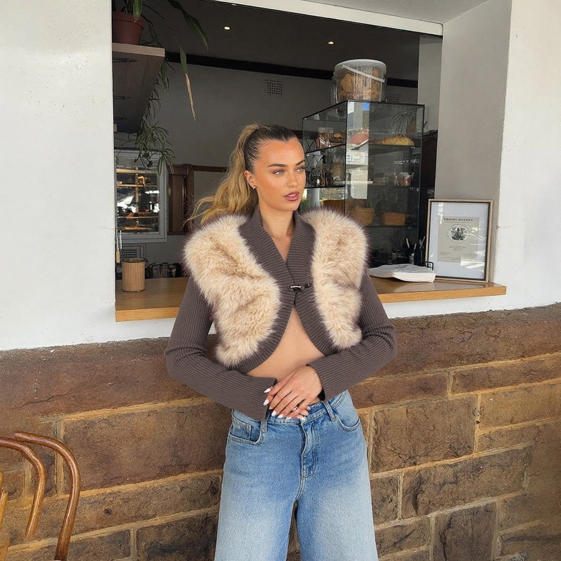 Autumn Winter Women Clothing Sexy Cropped Ultra Short Contrast Color Plush Stitching Small Cardigan Coat for Women Bella Mia