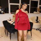 Spring Solid Color Diagonal Collar Lace Up Off Shoulder Long Sleeve Slim High Waist Dress Bella Mia