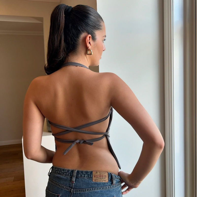 Women Clothing Summer Sexy Bare Back Slim Solid Color Short Halterneck Vest Top Bella Mia