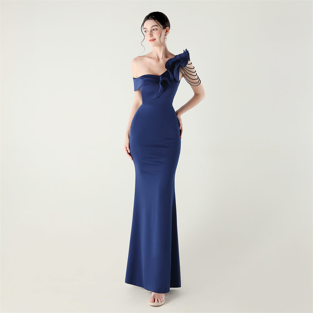 Ruffled One Shoulder Heavy Industry Beads String Slim Fit Satin Fishtail Evening Dress Wedding Red Carpet Cocktail Dress Bella Mia
