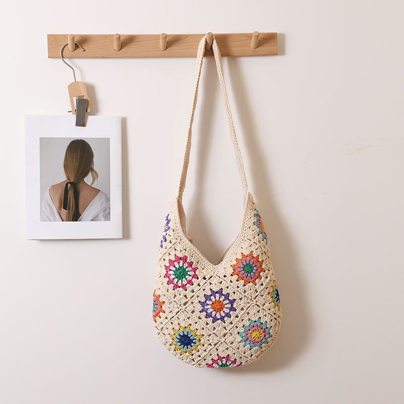 Ethnic Colorful Floral Cotton Thread Woven Bag Casual Straw Bag Vacation Beach Bag Idle Shoulder Bag Bella Mia