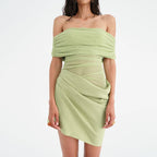 Women Clothing Mesh Stitching off Neck Transparent Slim Fit Sheath Dress Bella Mia