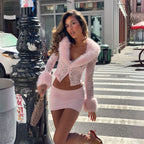 Women Clothing Autumn Winter Street Lace Plush Long Sleeved Top Sexy Skirt Set Bella Mia