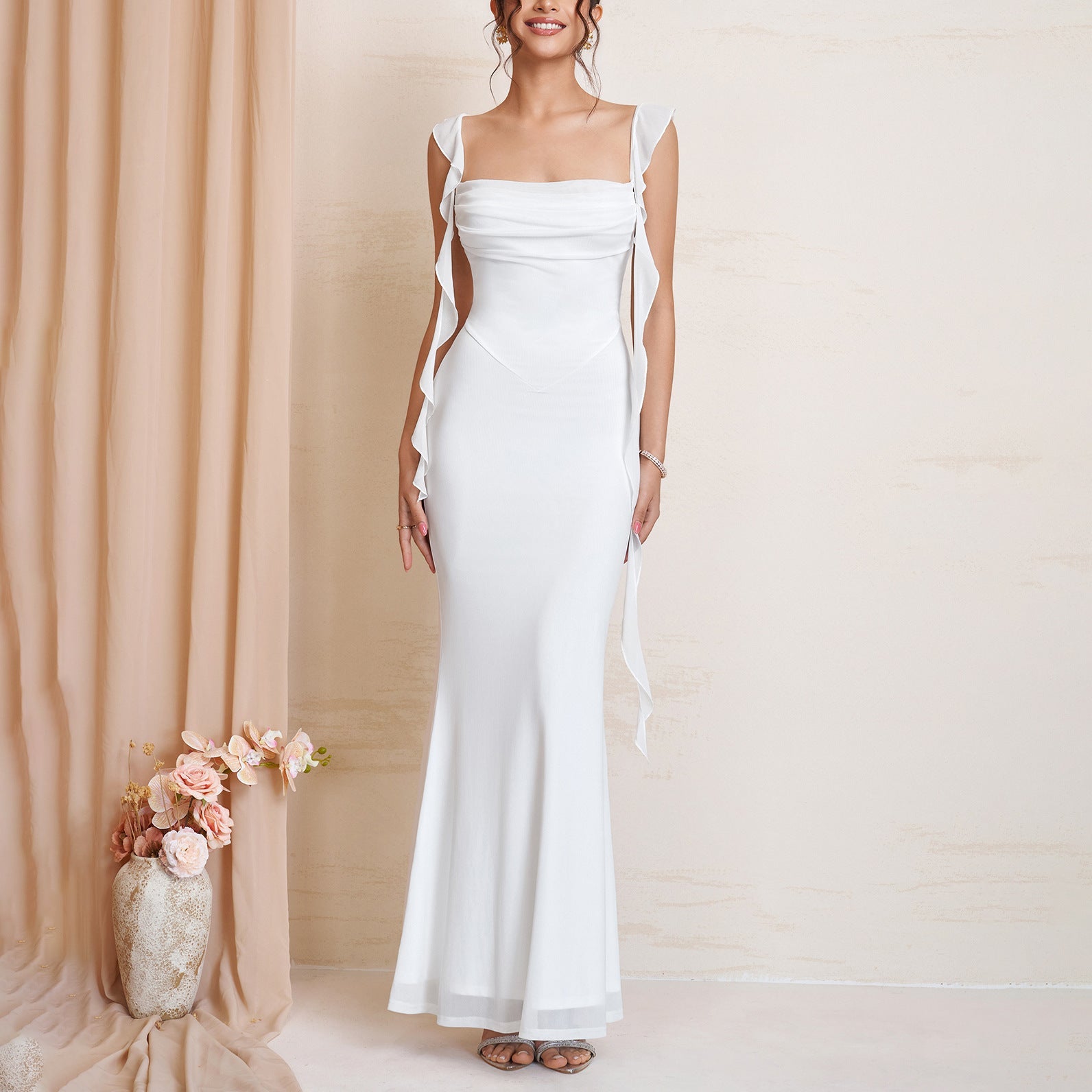 Summer Mesh Cami Dress Sexy Backless Square Collar Pleated Ribbon Cinched Slimming Maxi Dress