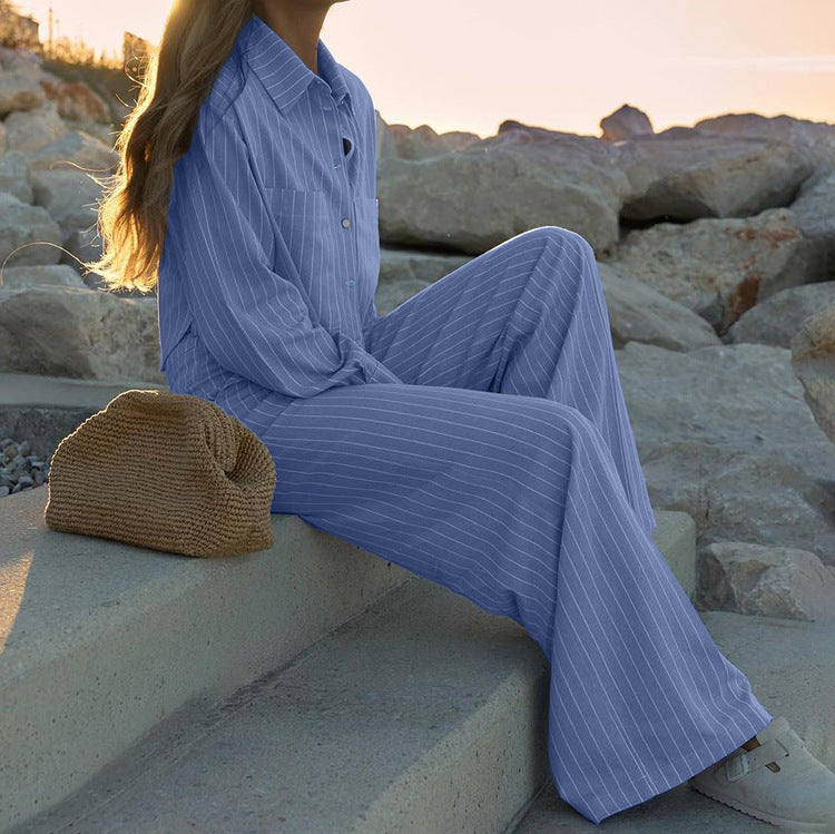 Women Clothing Striped Collared Long Sleeve Short Shirt Loose Wide Leg Pants Two Piece Set Bella Mia