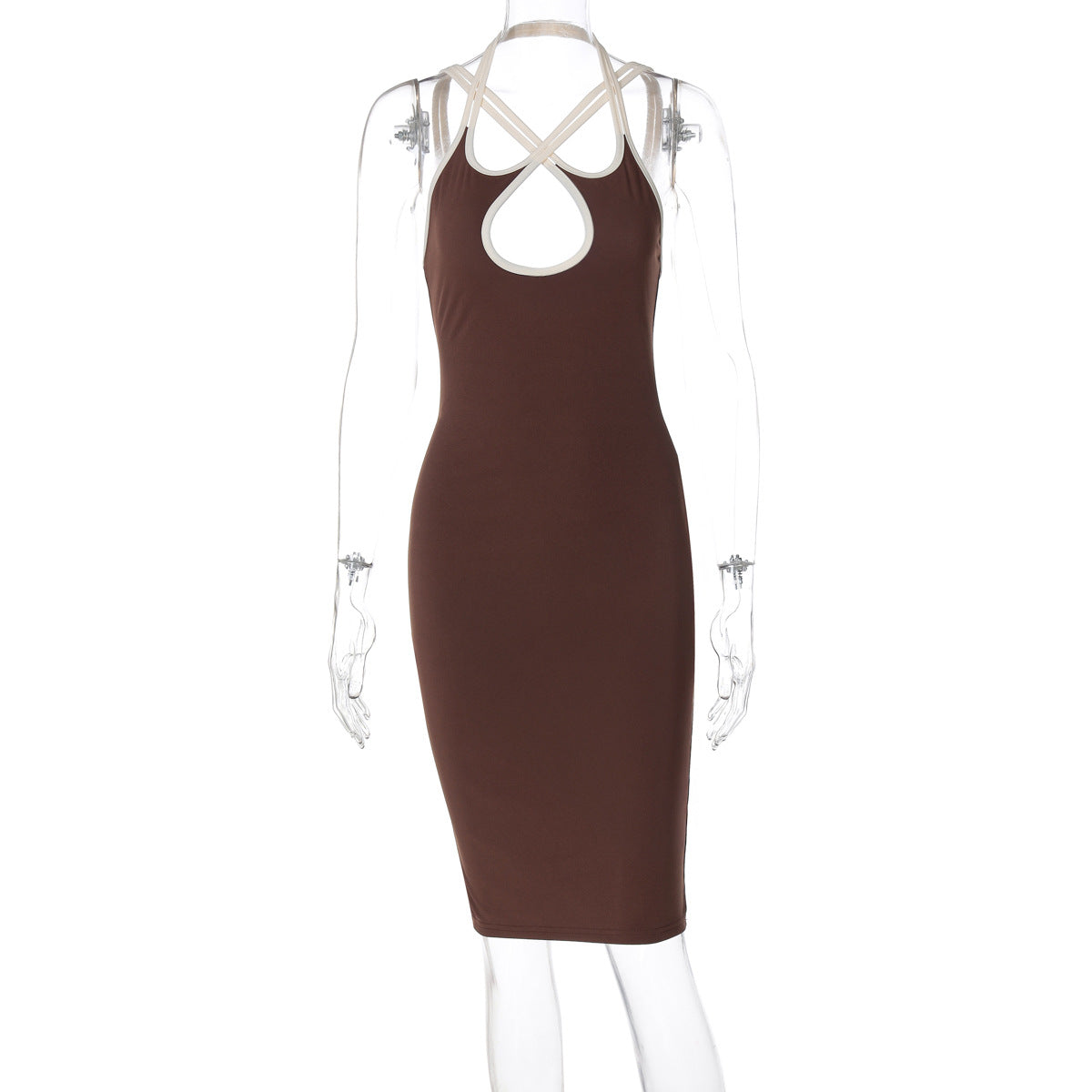Contrast Color Hollow Out Cutout Slim Fit Dress Women Clothing Spring Halter Backless Lace up Hip Bella Mia