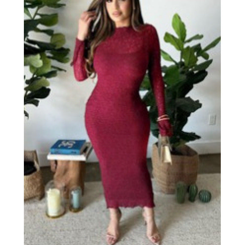 Women Clothing Summer Sexy Slim Fit Lace See through Long Sleeve Dress