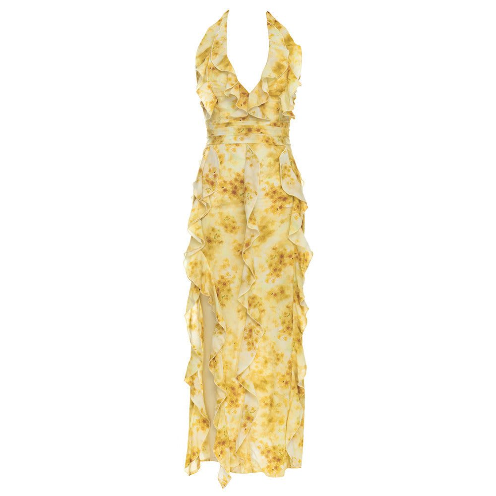 Dress Autumn Simplicity Sexy Retro Halter Ruffled Floral Slim Fitting Dress Bella Mia