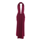 Women Clothing Sexy Halter Deep V Plunge neck Backless Split Solid Color Dress Bella Mia
