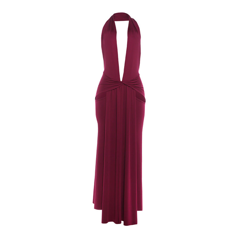 Women Clothing Sexy Halter Deep V Plunge neck Backless Split Solid Color Dress Bella Mia